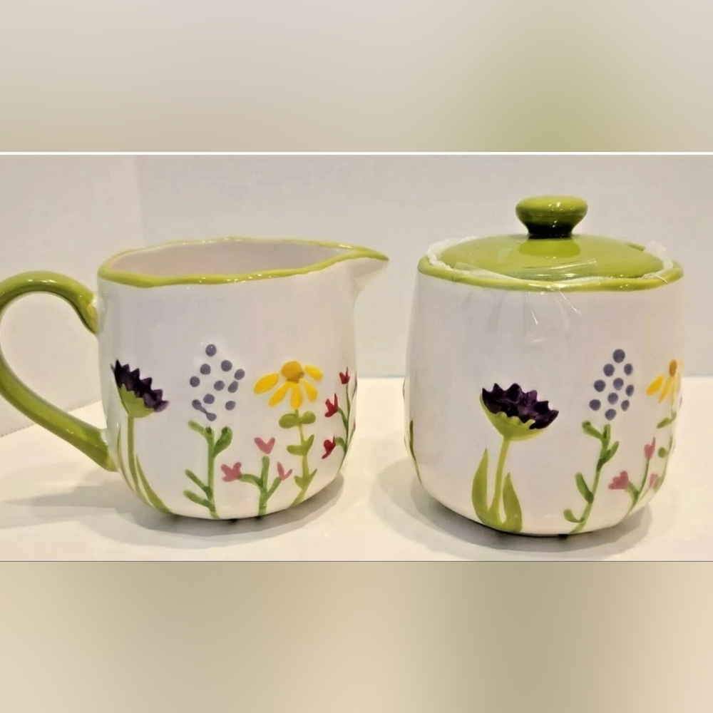 Lang Embossed Spring Flowers Sugar Bowl & Creamer Set- Handpainted New/ Boxed